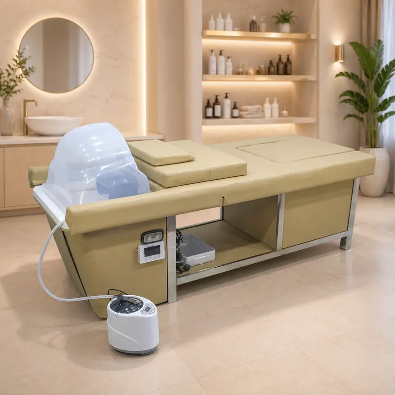 Camilla Head Spa Beige con Vapor, Respaldo Eléctrico y Baño de Pies – Equipo Profesional Multifunción