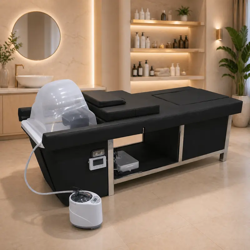 Camilla Head Spa Negro con Vapor, Respaldo Eléctrico y Baño de Pies – Equipo Profesional Multifunción