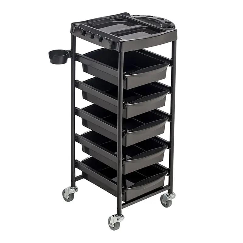 Carro Classic de Peluquería – 5 Bandejas Extraíbles y Portasecador (Negro)