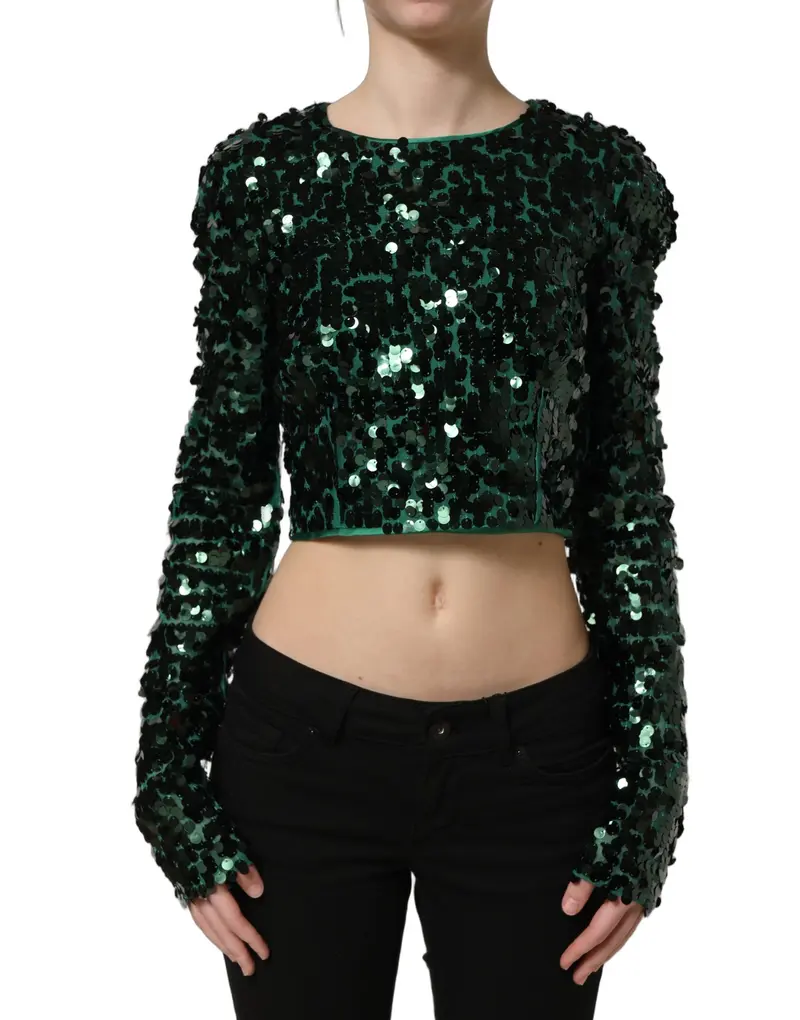 Dolce & Gabbana Green Sequined Long Sleeves Crop Blouse Top