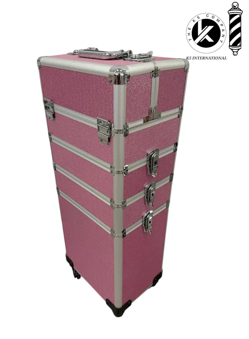 Maleta de Maquillaje Profesional con Ruedas – Estuche Rosa de Aluminio (83×33×24 cm)