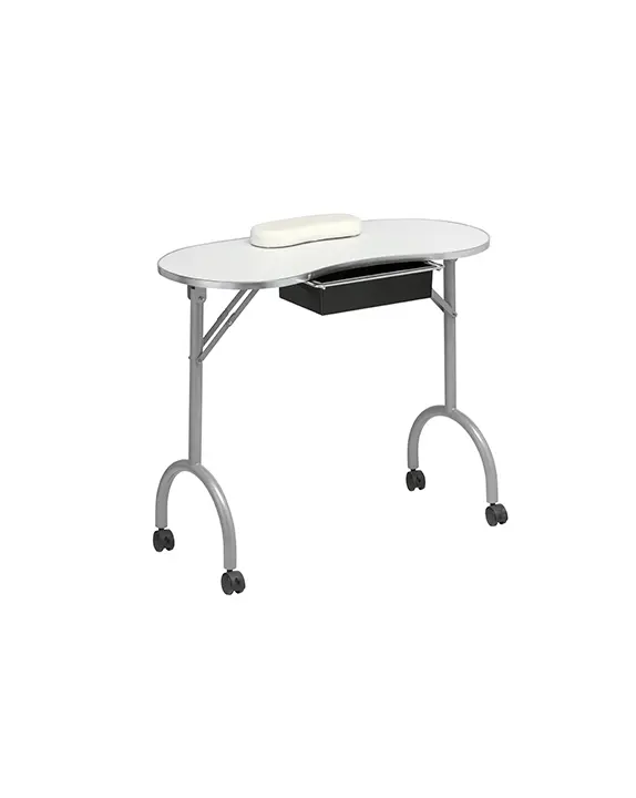 Mesa de Manicura Plegable con Ruedas, Cajón y Cojín Apoyamanos