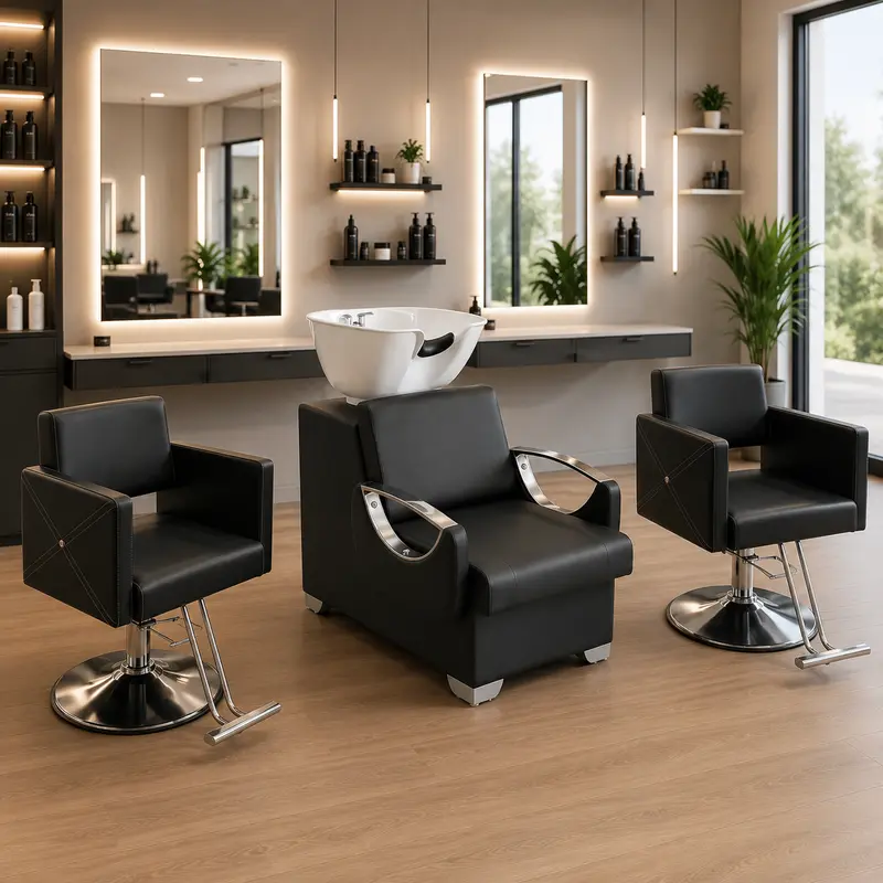 Pack Peluquería Low Cost 2 Sillas Hidráulicas + Lavacabezas Compacto Negro