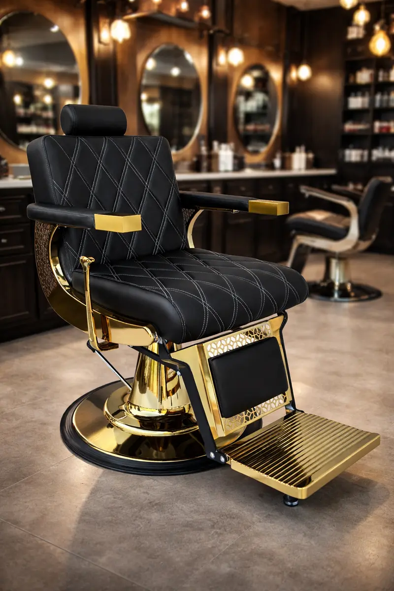 Sillón de barbero EROS – Dorado y negro reclinable con base hidráulica